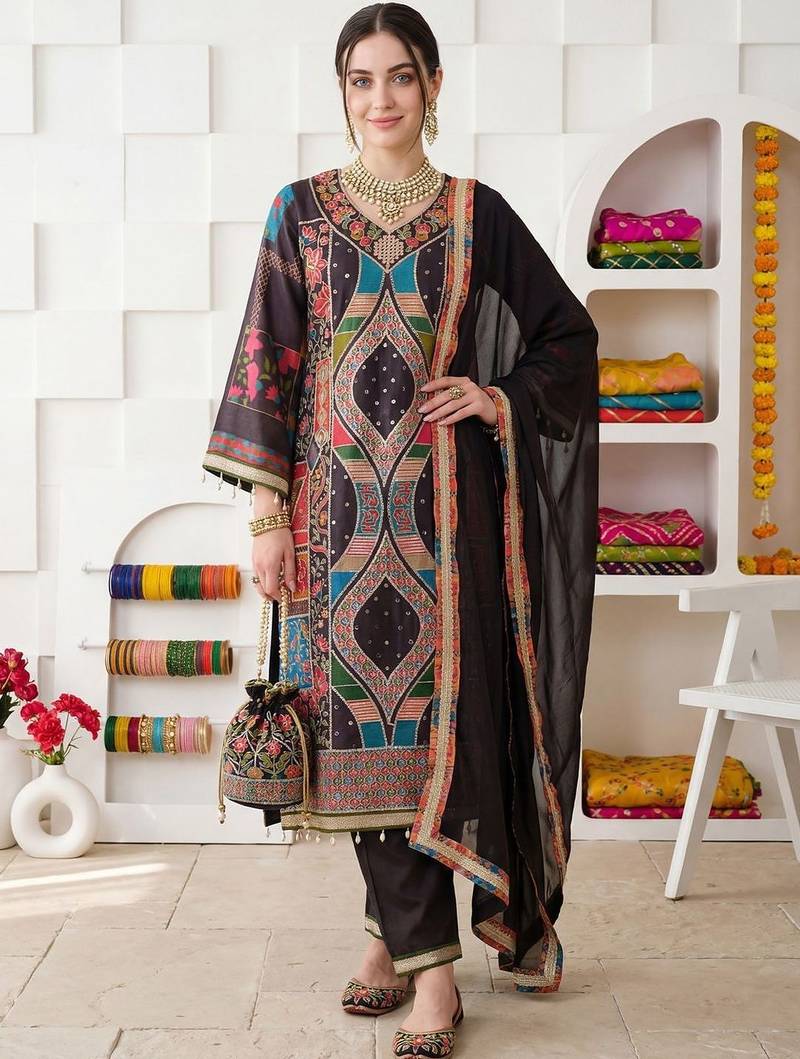 Women Ethnic Motifs Printed Regular Mirror Work Kurta with Palazzos & With Dupatta