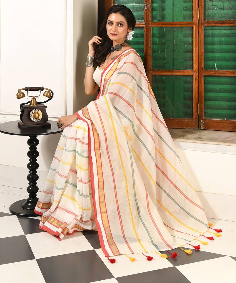 women's swarnarekha cotton blend linen saree without blouse piece