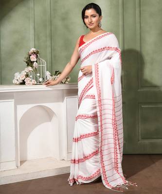 women's red white diamond   cotton blend tant saree with blouse piece 1