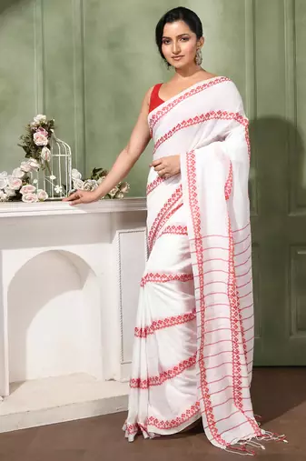women's red white diamond   cotton blend tant saree with blouse piece
