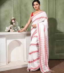 women's red white diamond   cotton blend tant saree with blouse piece