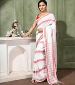 women's red white diamond   cotton blend tant saree with blouse piece