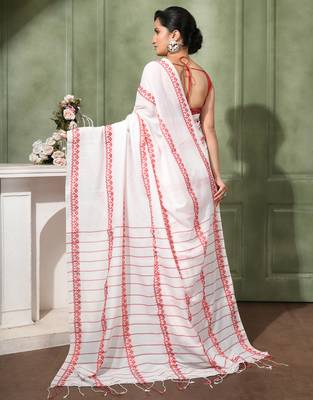 women's red white diamond   cotton blend tant saree with blouse piece 2