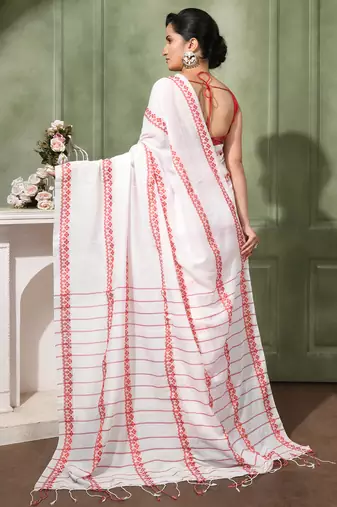 women's red white diamond   cotton blend tant saree with blouse piece