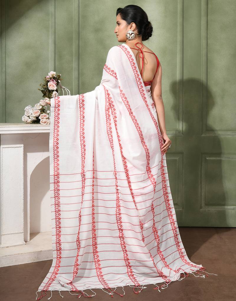 women's red white diamond   cotton blend tant saree with blouse piece
