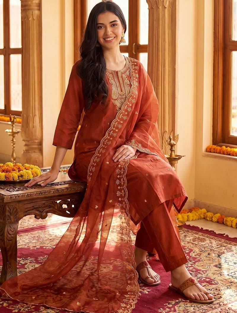 Women Ethnic Motifs Embroidered Regular Thread Work Kurta with Trousers & With Dupatta
