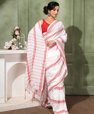 women's red white diamond   cotton blend tant saree with blouse piece 4