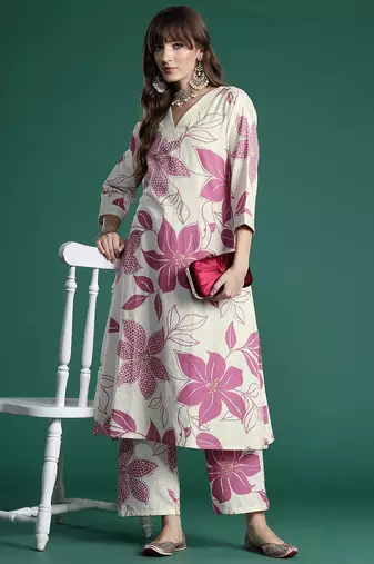 Floral Printed Pure Cotton A-Line Kurta with Palazzos