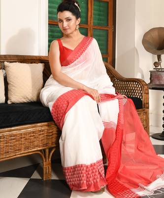 women's temple mala lal par sada sari soft cotton blend  saree with blouse piece 4