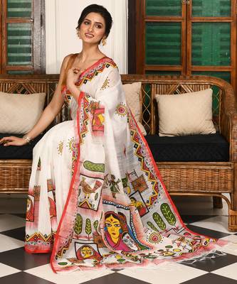 women's folk tribal hand soft cotton blend  saree without blouse piece 4