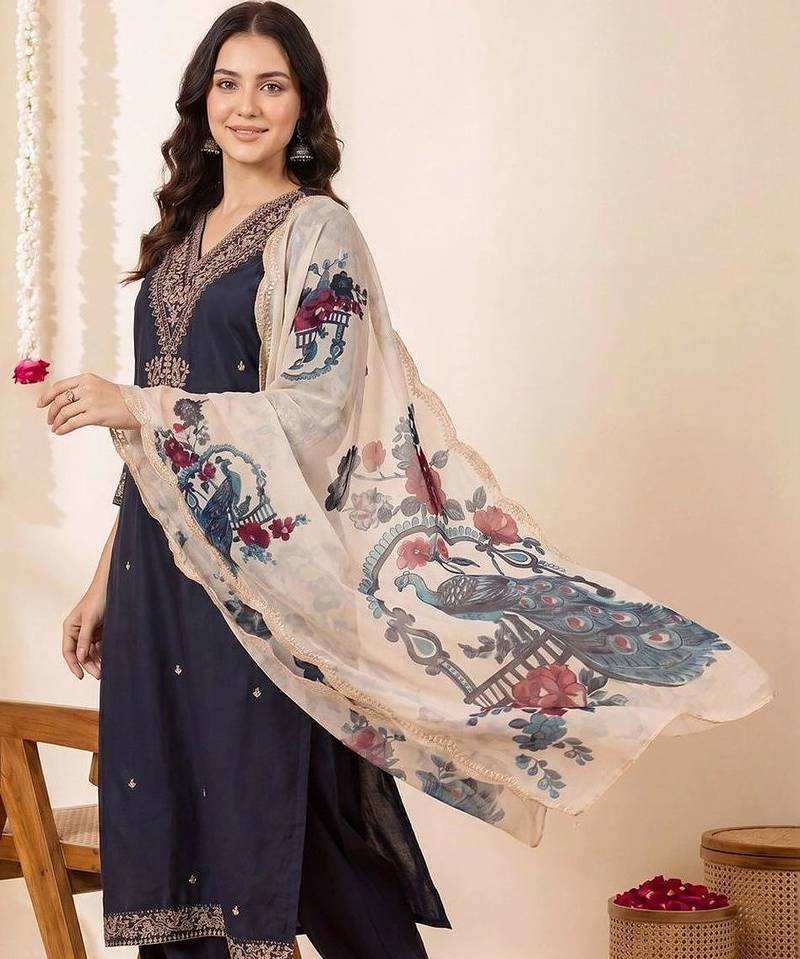 Women Ethnic Motifs Embroidered Regular Thread Work Kurta with Trousers & With Dupatta