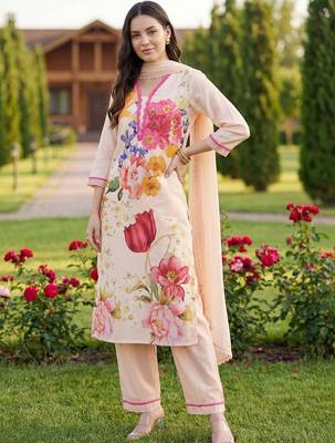 Women Floral Printed Regular Linen Kurta with Trousers & With Dupatta 1