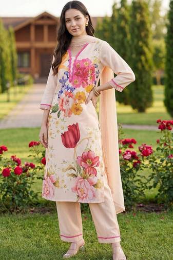 Women Floral Printed Regular Linen Kurta with Trousers & With Dupatta