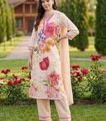 Women Floral Printed Regular Linen Kurta with Trousers & With Dupatta