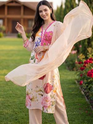 Women Floral Printed Regular Linen Kurta with Trousers & With Dupatta 3
