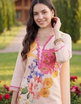 Women Floral Printed Regular Linen Kurta with Trousers & With Dupatta 5
