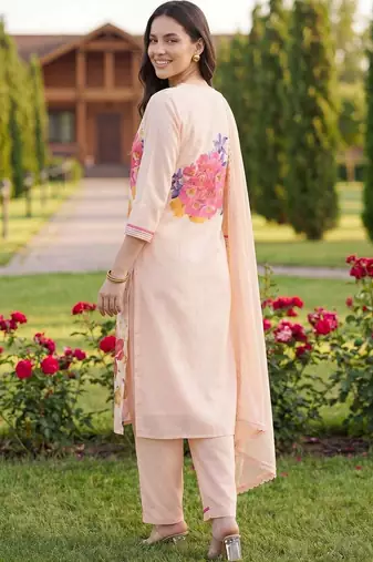 Women Floral Printed Regular Linen Kurta with Trousers & With Dupatta