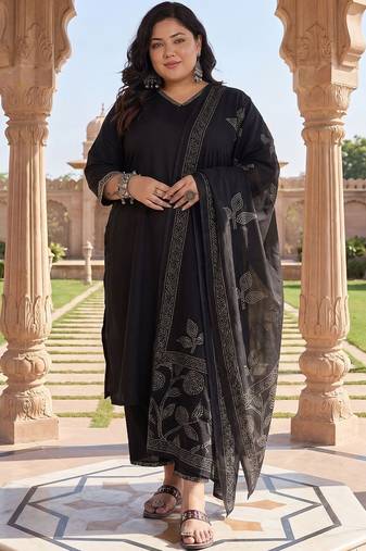Plus Size Black Embroidered Straight Kurta Trousers With Dupatta Set