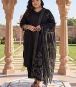 Plus Size Black Embroidered Straight Kurta Trousers With Dupatta Set