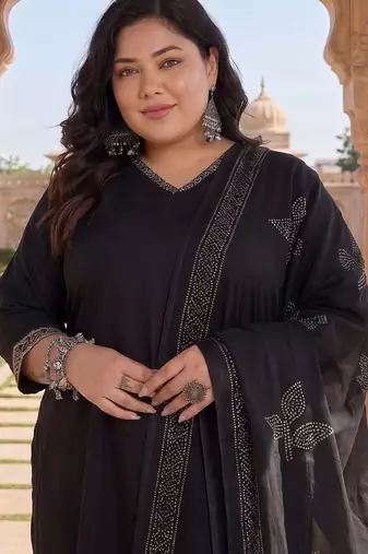 Plus Size Black Embroidered Straight Kurta Trousers With Dupatta Set