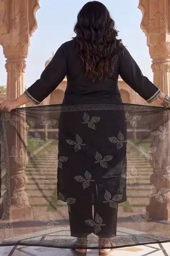 Plus Size Black Embroidered Straight Kurta Trousers With Dupatta Set