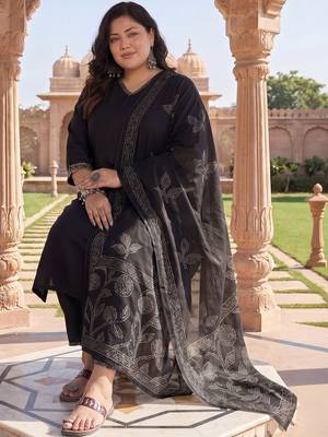 Plus Size Black Embroidered Straight Kurta Trousers With Dupatta Set 6