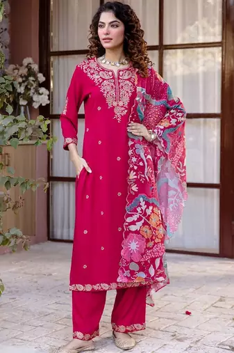Women Ethnic Motifs Embroidered Regular Thread Work Kurta with Trousers & With Dupatta