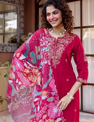Women Ethnic Motifs Embroidered Regular Thread Work Kurta with Trousers & With Dupatta 4