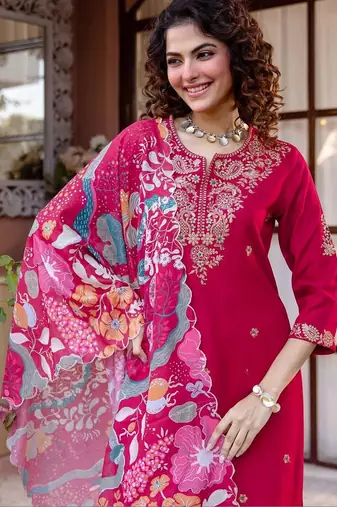 Women Ethnic Motifs Embroidered Regular Thread Work Kurta with Trousers & With Dupatta