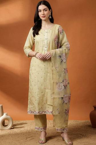 Women Floral Printed Regular Thread Work Linen Kurta with Trousers & With Dupatta