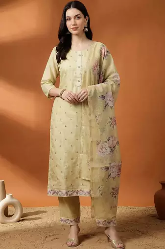 Women Floral Printed Regular Thread Work Linen Kurta with Trousers & With Dupatta