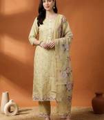 Women Floral Printed Regular Thread Work Linen Kurta with Trousers & With Dupatta