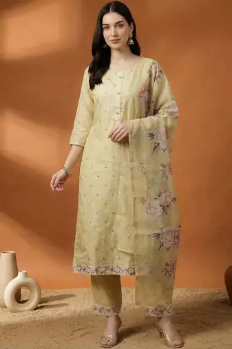 Women Floral Printed Regular Thread Work Linen Kurta with Trousers & With Dupatta