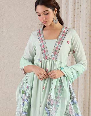 Ethnic Motifs Printed Pure Cotton A-Line Kurta With Trouser & Dupatta 1