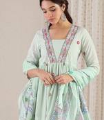 Ethnic Motifs Printed Pure Cotton A-Line Kurta With Trouser & Dupatta