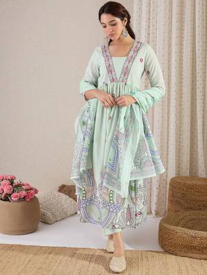 Ethnic Motifs Printed Pure Cotton A-Line Kurta With Trouser & Dupatta 2