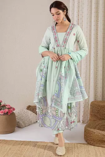Ethnic Motifs Printed Pure Cotton A-Line Kurta With Trouser & Dupatta
