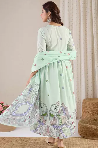 Ethnic Motifs Printed Pure Cotton A-Line Kurta With Trouser & Dupatta