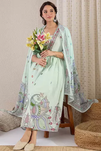 Ethnic Motifs Printed Pure Cotton A-Line Kurta With Trouser & Dupatta