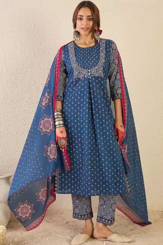Women Ethnic Motifs Printed Regular Pure Cotton Kurta Set With Dupatta