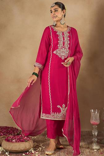 Women Embroidered Regular Kurta with Trousers & With Dupatta