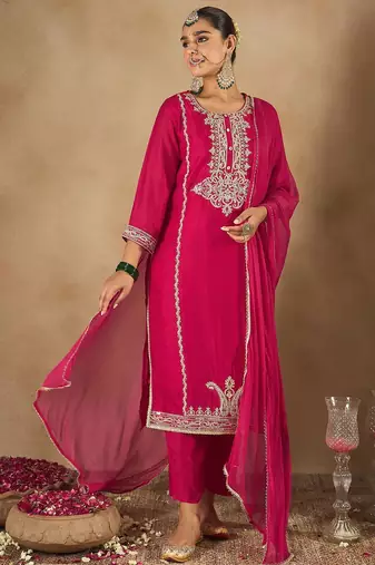 Women Embroidered Regular Kurta with Trousers & With Dupatta