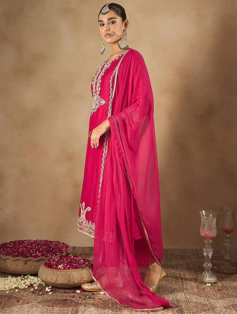 Women Embroidered Regular Kurta with Trousers & With Dupatta