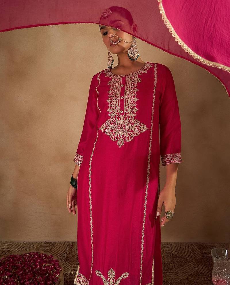 Women Embroidered Regular Kurta with Trousers & With Dupatta