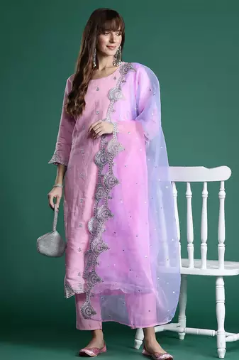 Ethnic Motifs Zari Embroidered Kurta With Trousers & Dupatta