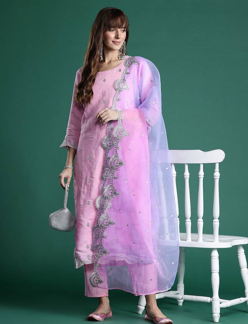 Ethnic Motifs Zari Embroidered Kurta With Trousers & Dupatta