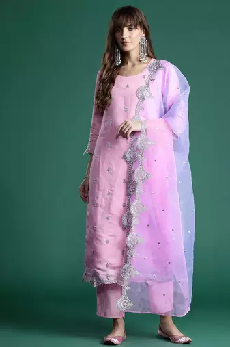 Ethnic Motifs Zari Embroidered Kurta With Trousers & Dupatta