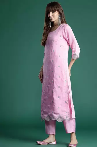 Ethnic Motifs Zari Embroidered Kurta With Trousers & Dupatta