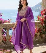 Women Ethnic Motifs Embroidered Empire Thread Work Liva Kurta with Trousers & With Dupatta