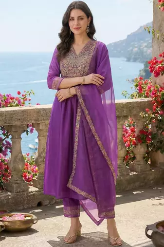 Women Ethnic Motifs Embroidered Empire Thread Work Liva Kurta with Trousers & With Dupatta